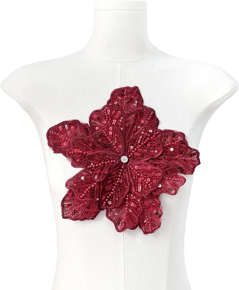 SAIXCCS 1pc Handmade Large Flower Rhinestone Applique for Clothes, Sparkly Sequin Beaded Patches for Wedding Dress, Embroidery Lace Sewing Patches for Bodice Hat Jean Jacket (Burgundy) - Image 2